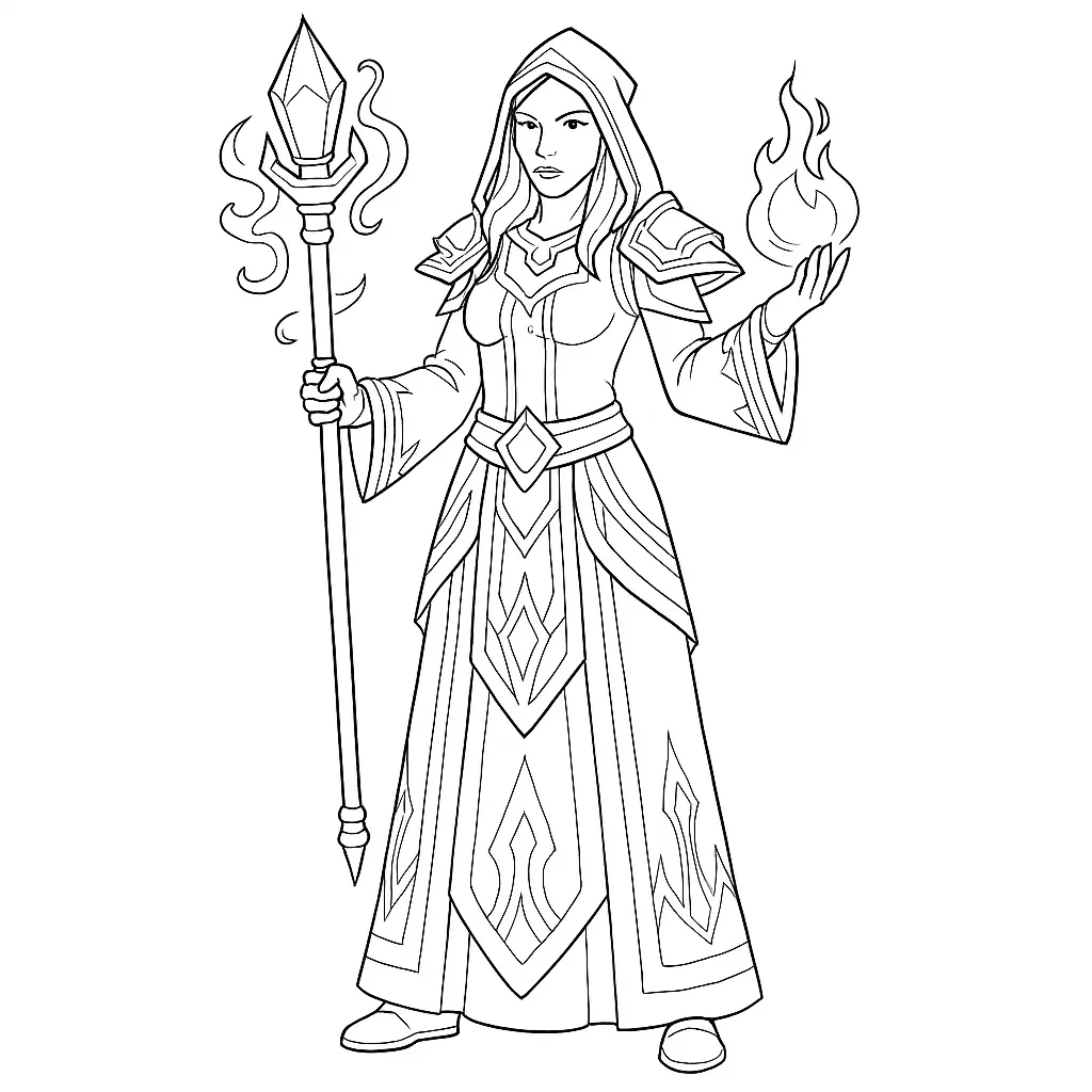 Magierin mit Feuer – Ausmalbild mit Zauberstab und Kristall