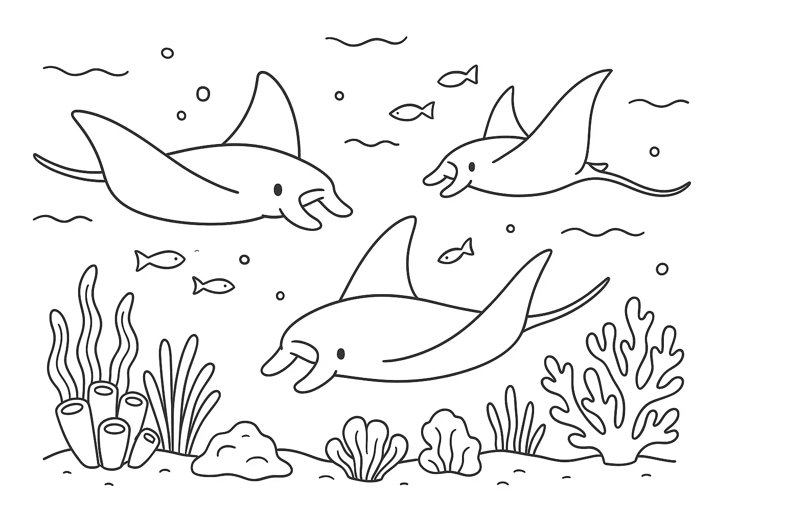 Mantarochen im Riff – Ausmalbild mit Meeresbewohnern