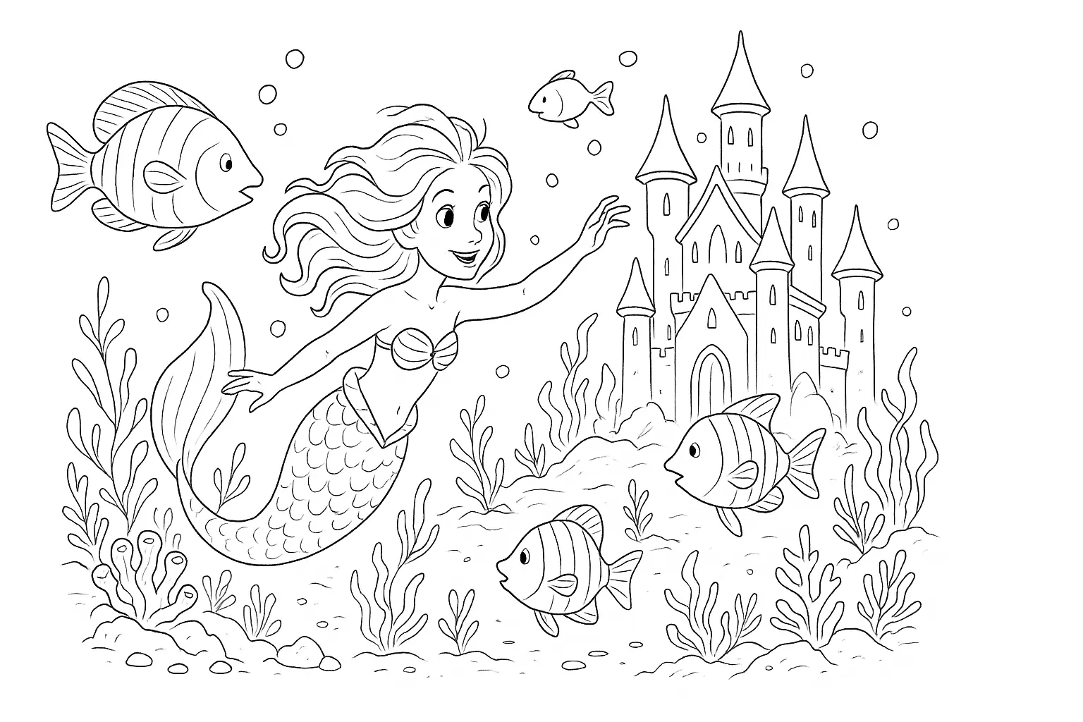 Ausmalbild mit einer Meerjungfrau vor einem Schloss