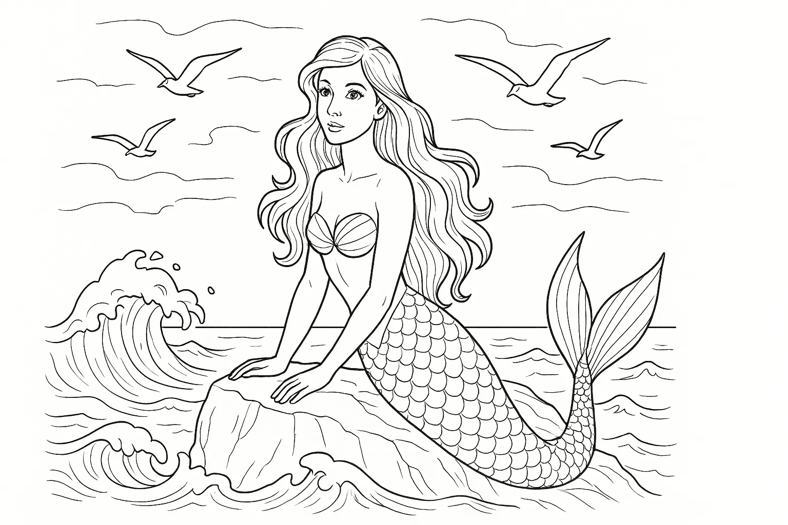 Ausmalbild: Meerjungfrau auf Felsen in ruhiger Meerszene