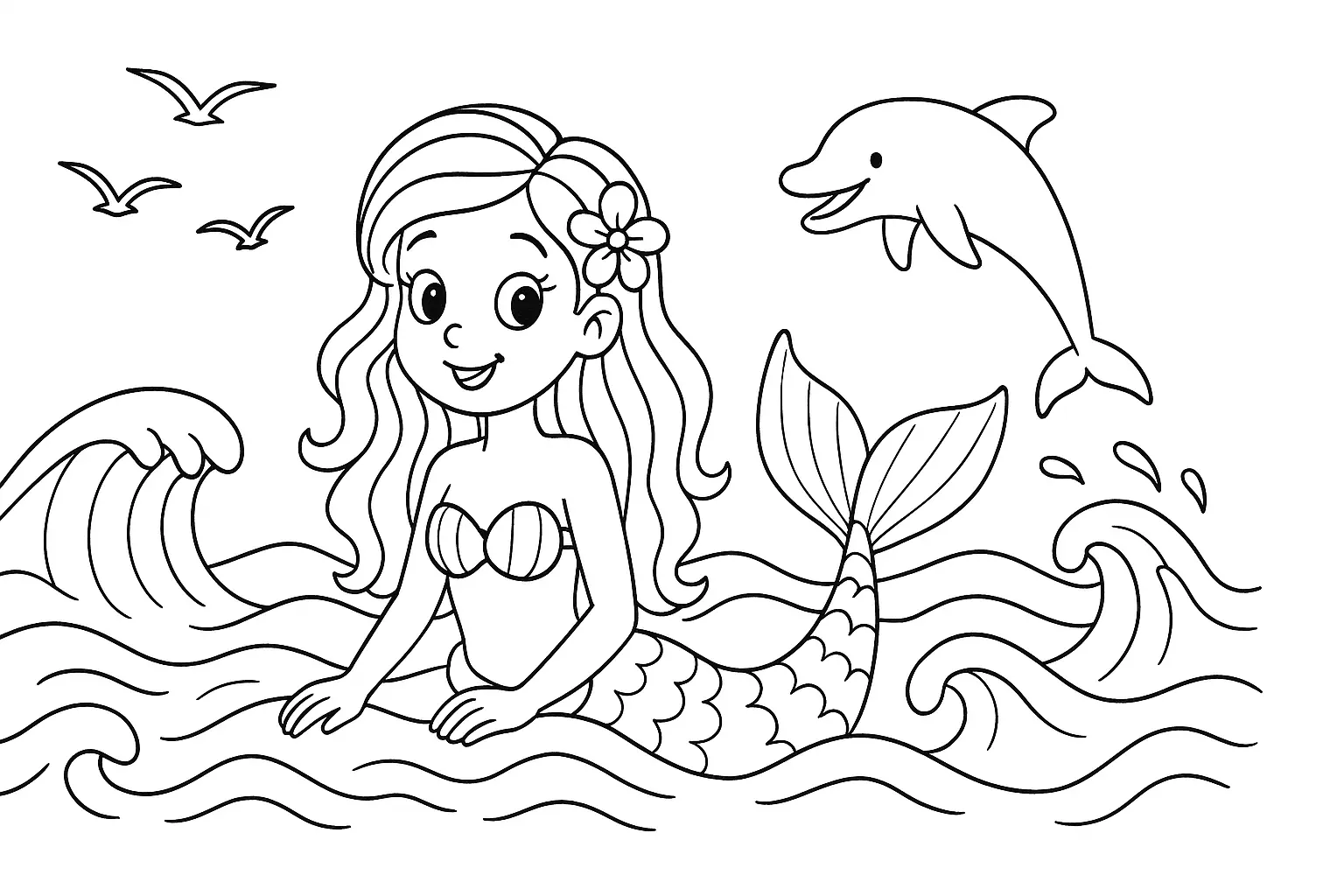 Meerjungfrau mit Delfin – Gratis Ausmalbild für Kinder