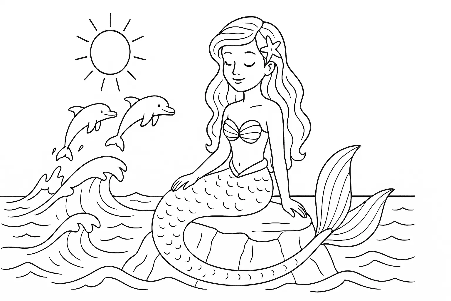 Meerjungfrau mit Delfinen – märchenhaftes Ausmalbild