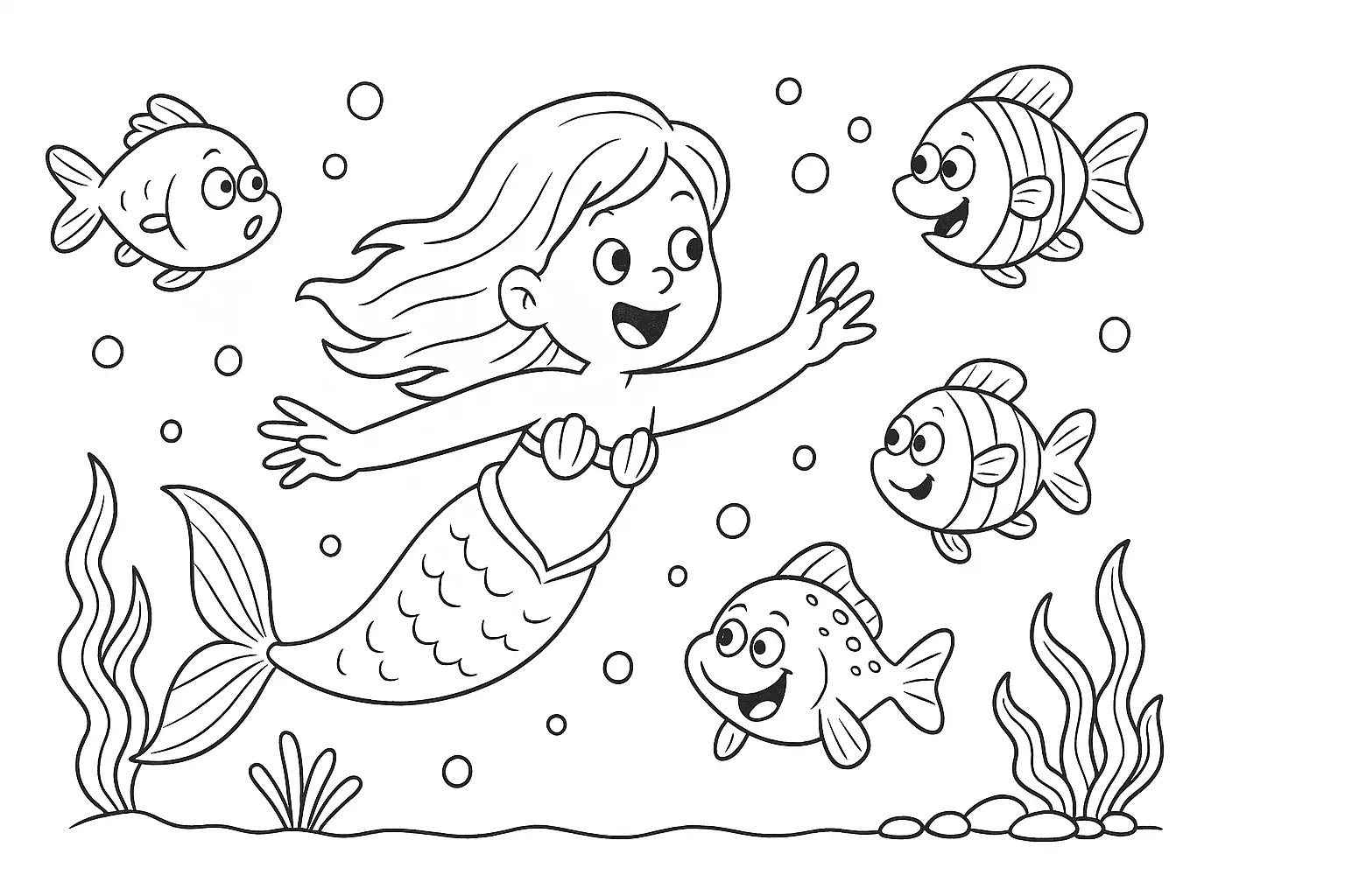 Meerjungfrau mit Fischen – Ausmalbild als PDF