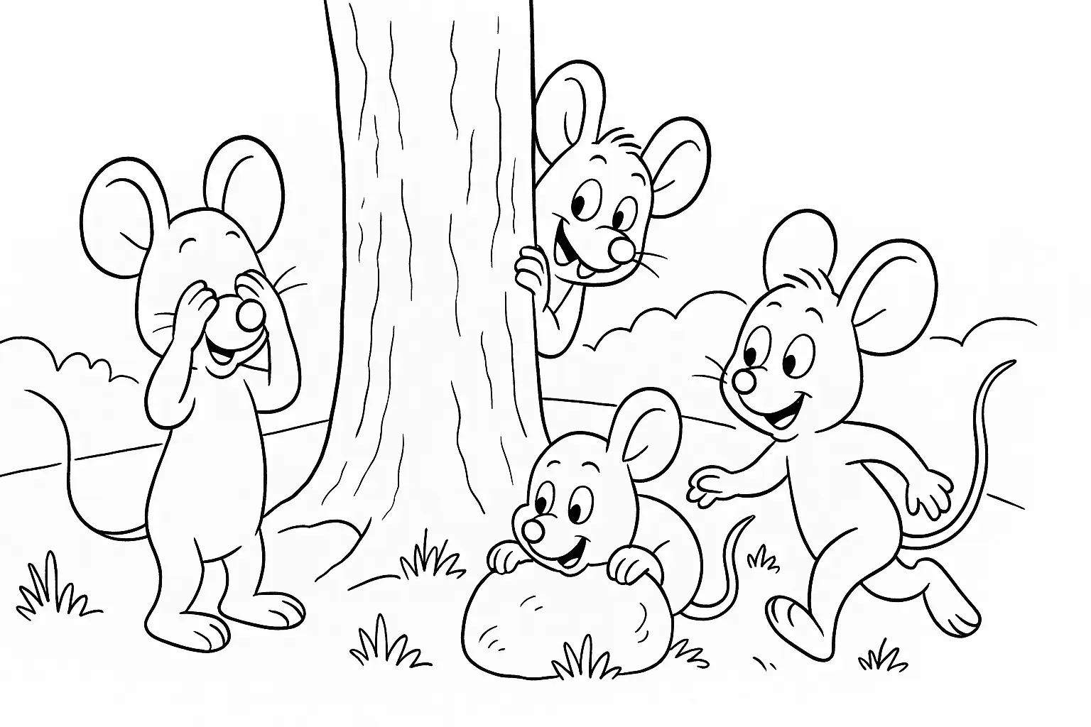 Malvorlage mit Mäusen beim Versteckspiel jetzt ausmalen