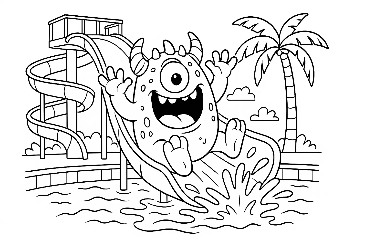 Monster auf Wasserrutsche – fröhliches Ausmalbild