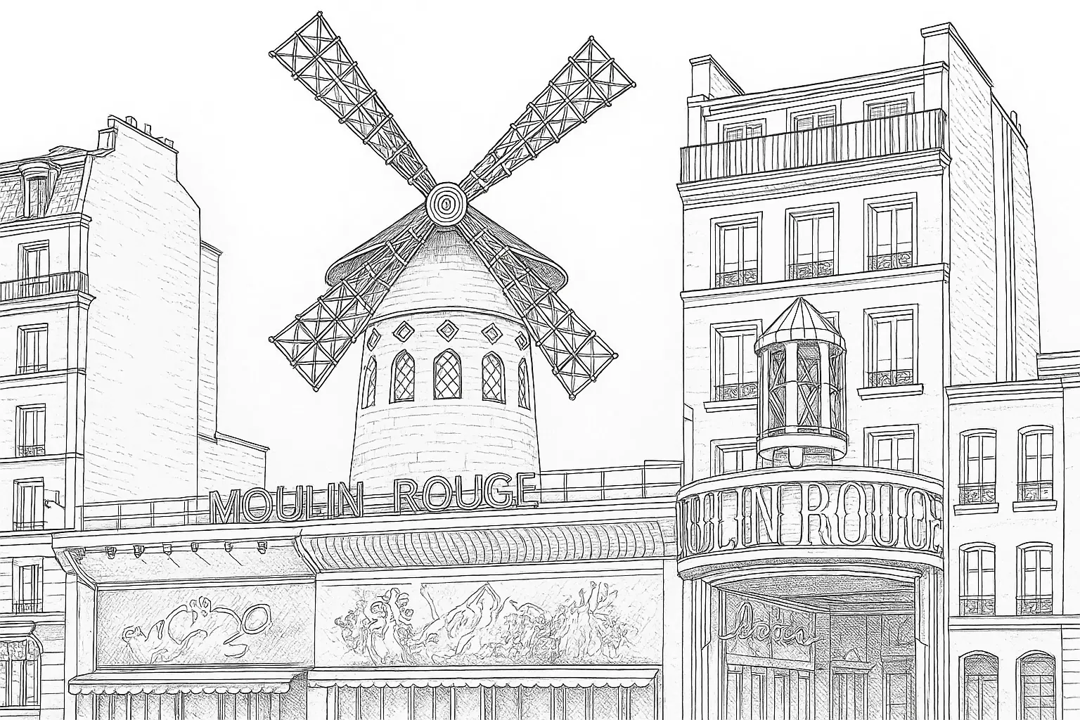 Moulin Rouge Ausmalbild: Pariser Wahrzeichen als Vorlage