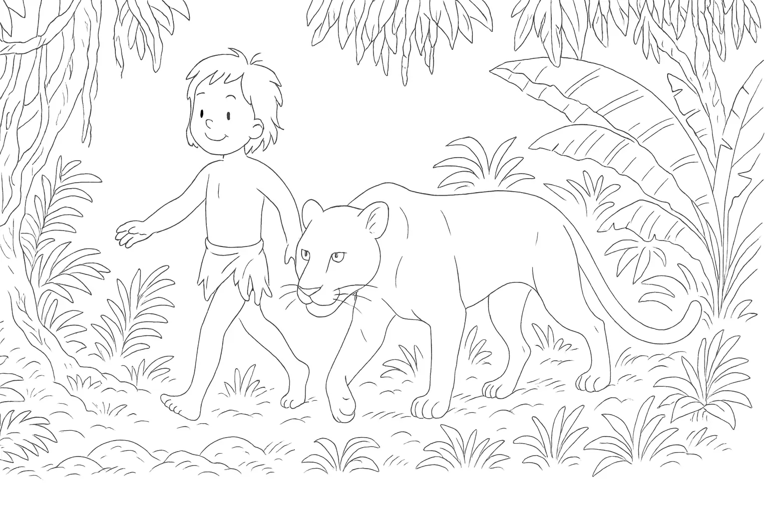 Mogli und Bagheera – Dschungelbuch-Motiv als Ausmalbild