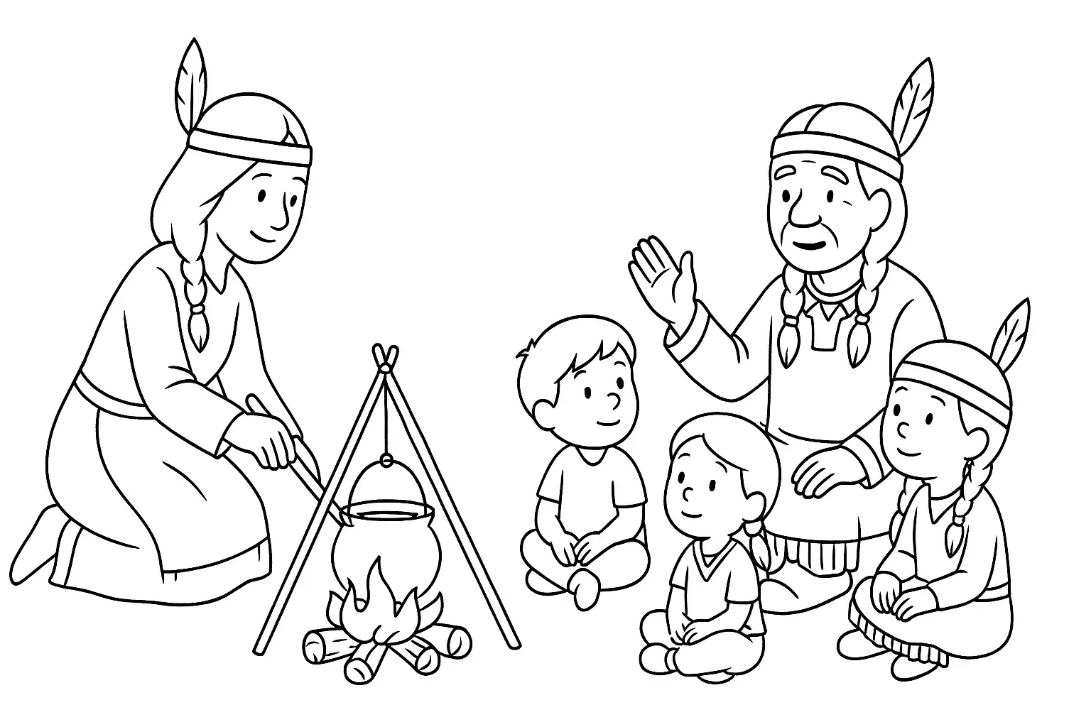 Male das Ausmalbild mit Indianern am Lagerfeuer in Ruhe aus