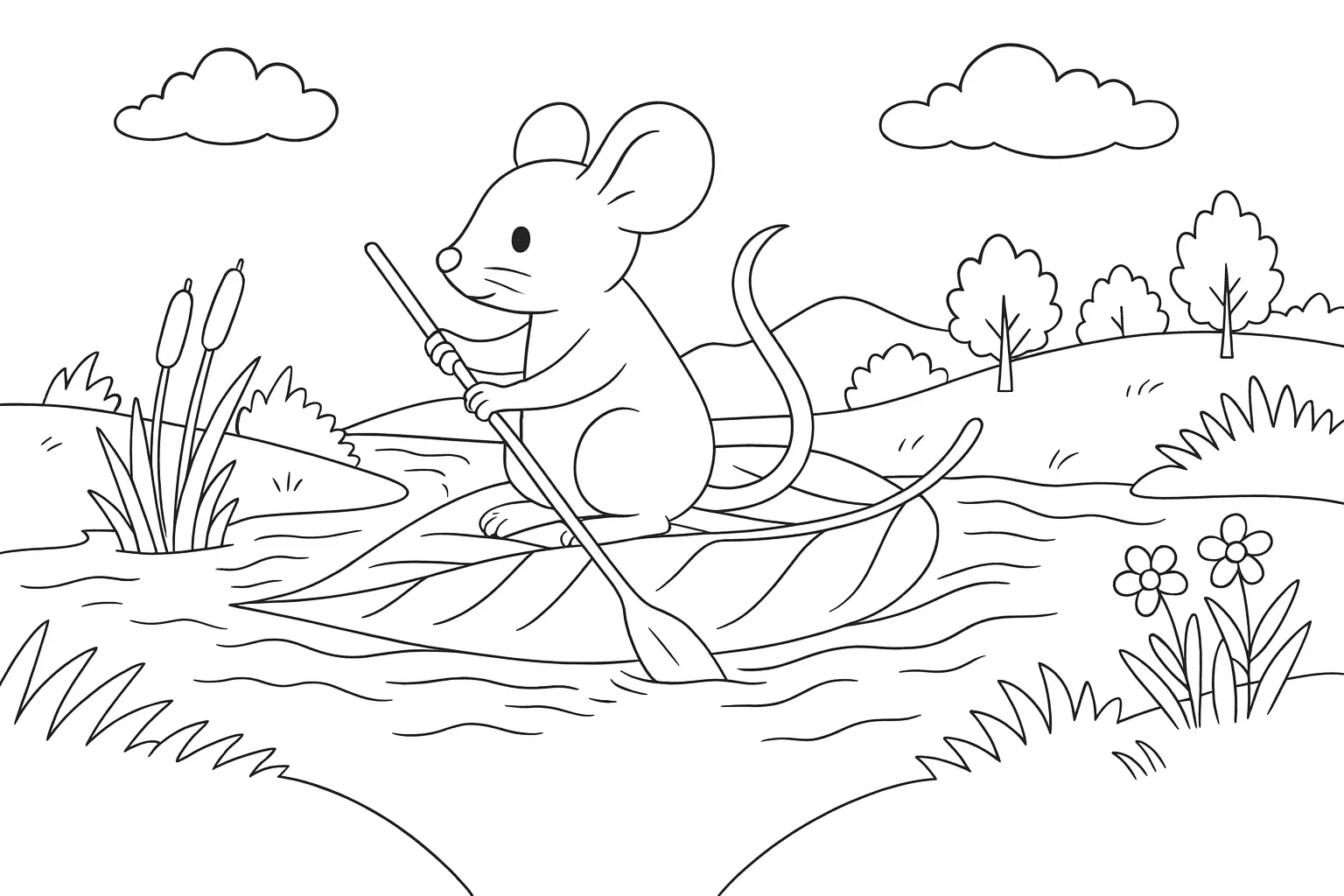 Naturbild zum Ausmalen – Maus auf Bach mit Paddel & Boot