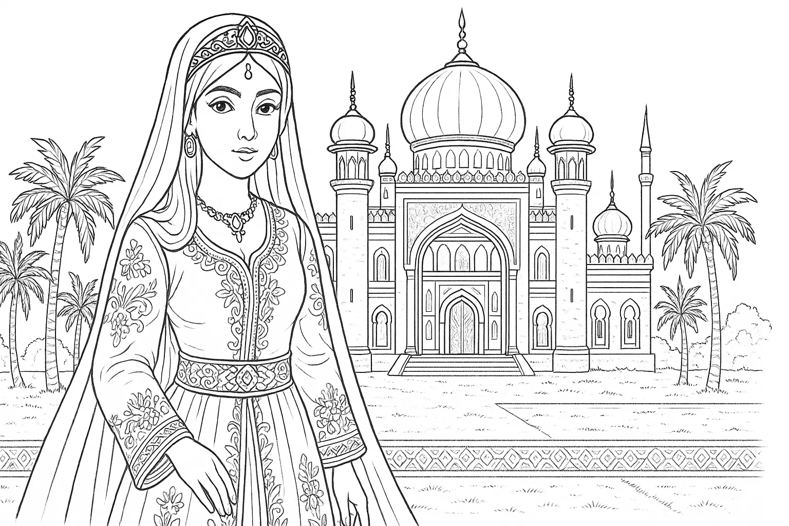 Orientalische Prinzessin vor Palast – Malvorlage für Kinder