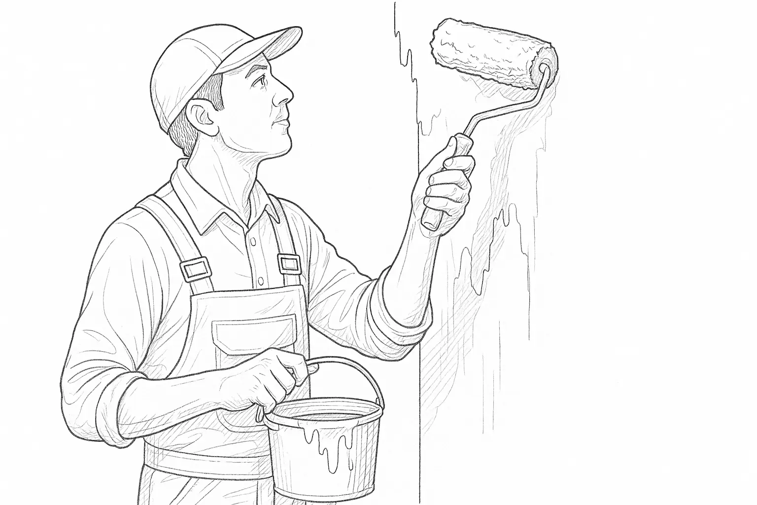 Maler streicht Wand mit Farbrolle