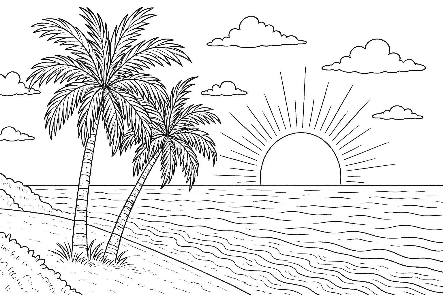 Coloriage Palmiers – Plage estivale à imprimer