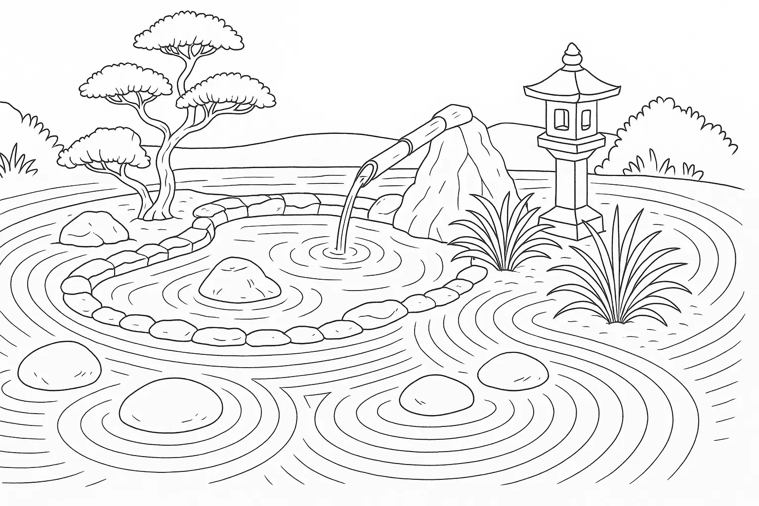 PDF-Vorlage: Japanischer Garten mit Teich & Zen-Motiven