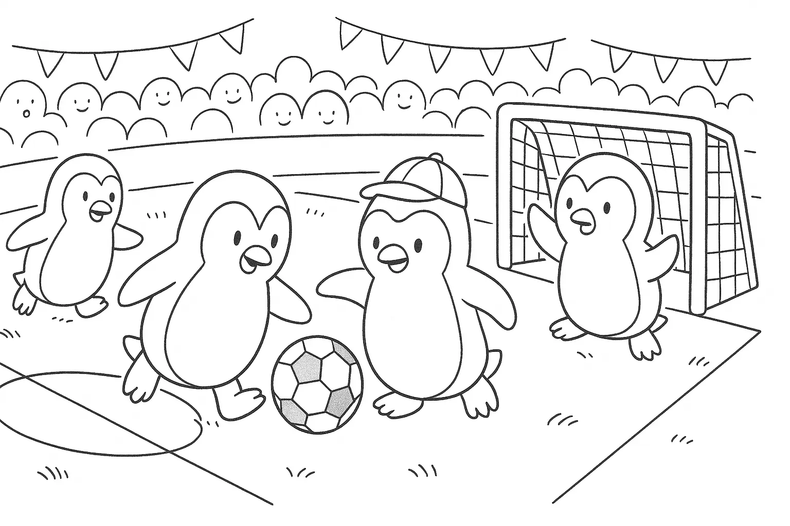 Pinguine spielen Fußball – Ausmalbild mit Stadion & Tor