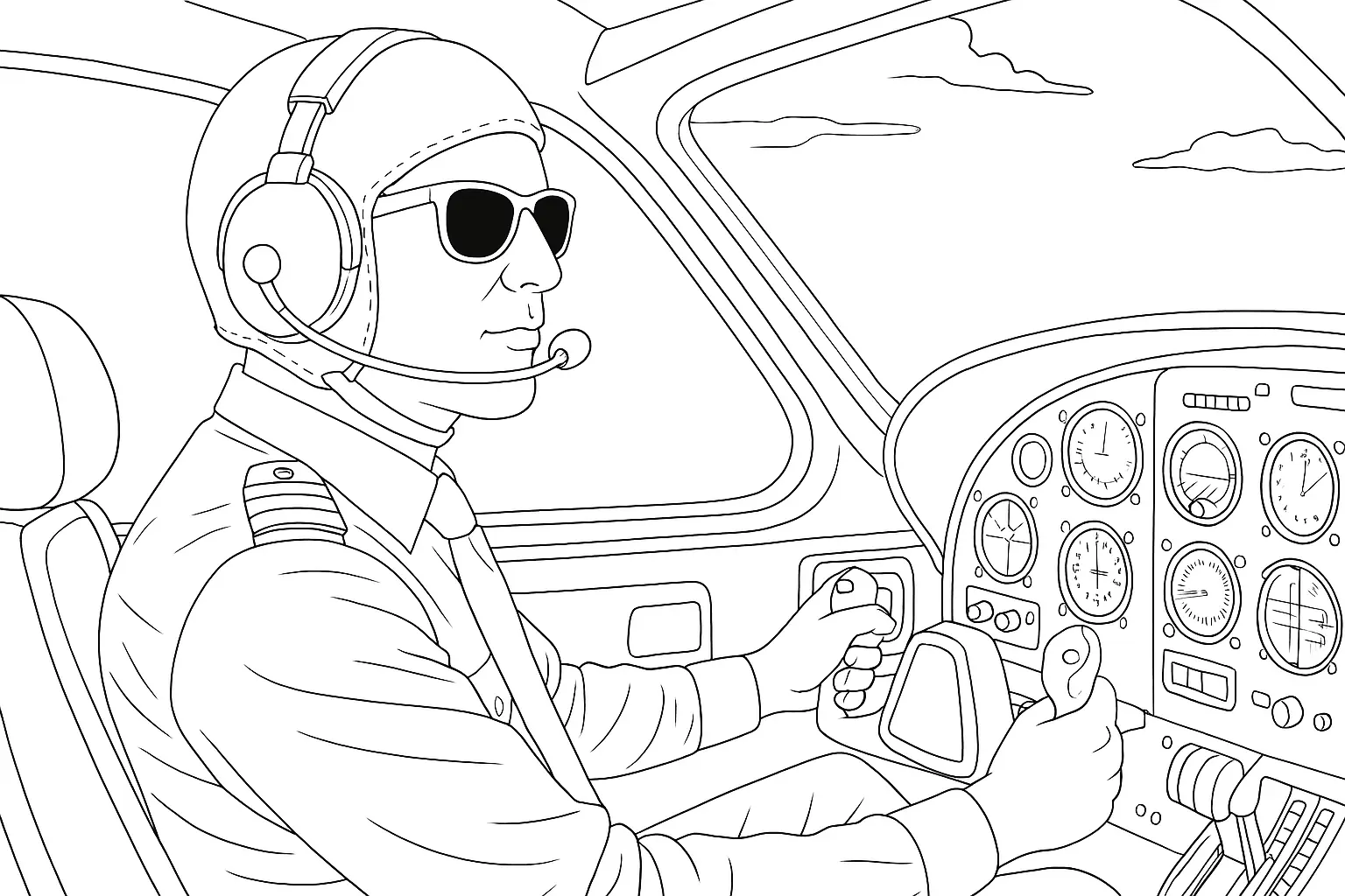 Pilot im Cockpit Ausmalbild – Vorlage zum Ausdrucken