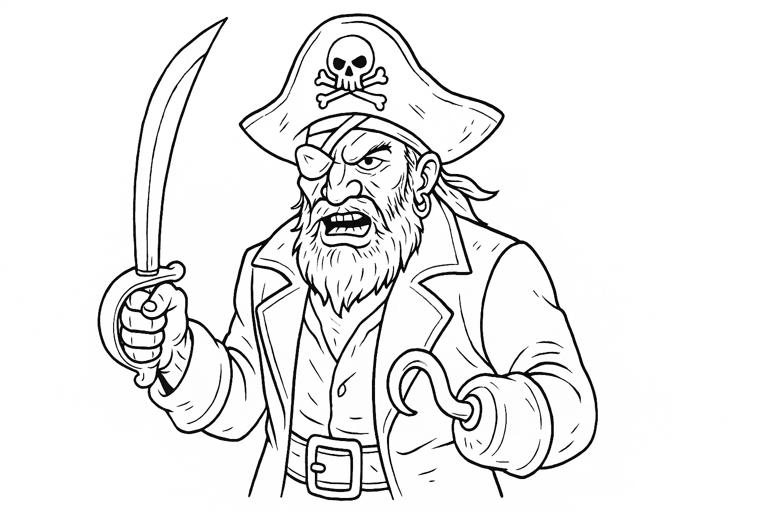 Pirat mit Säbel und Haken Ausmalbild - gratis Malvorlage