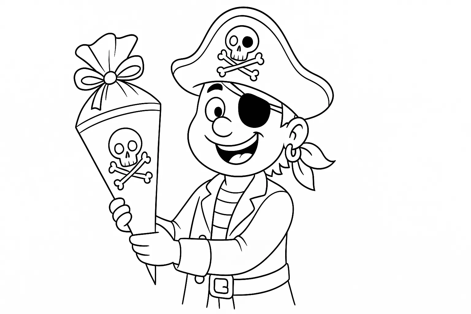 Male das Ausmalbild mit Pirat und Schultüte jetzt bunt
