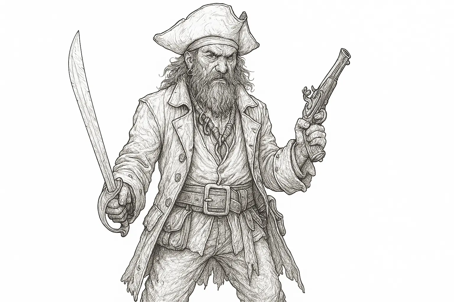 Pirat mit Schwert und Pistole als Vorlage zum Ausmalen