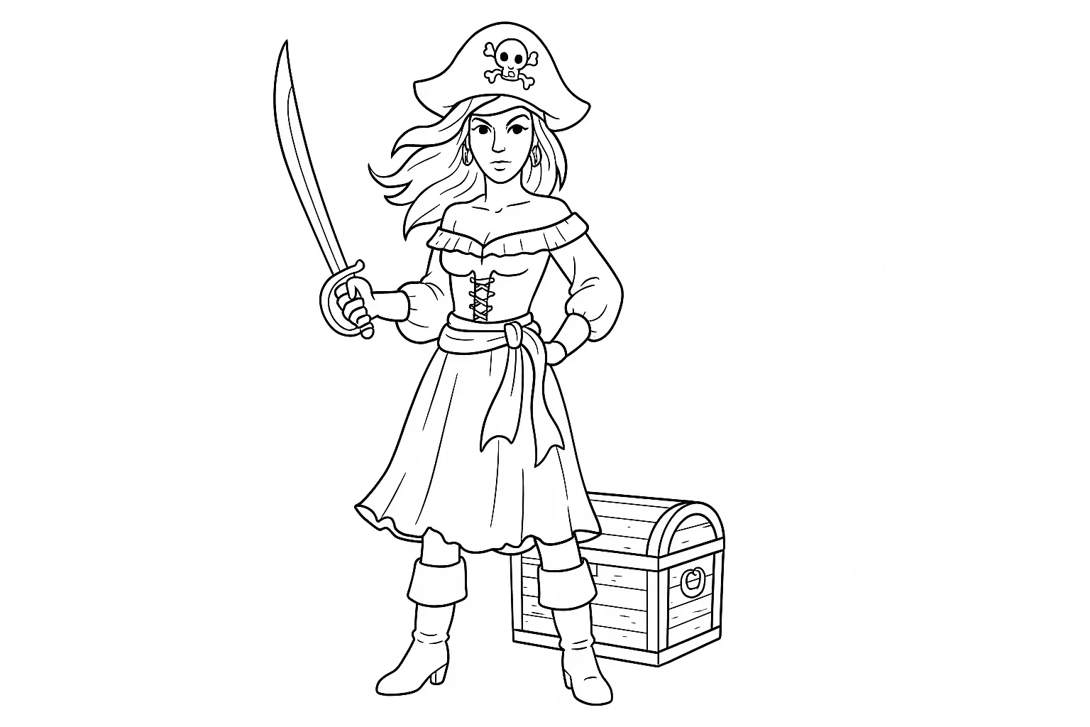 Piratin mit Schatztruhe – Malvorlage zum Ausmalen