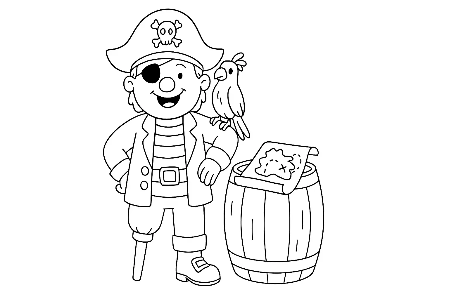 Ausmalbild mit einem Piraten mit Holzbein und Papagei