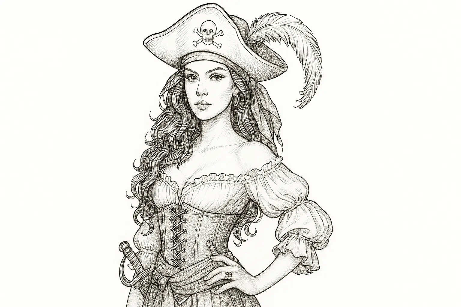 Piratenfrau Malvorlage zum Ausmalen – Gratis PDF Download