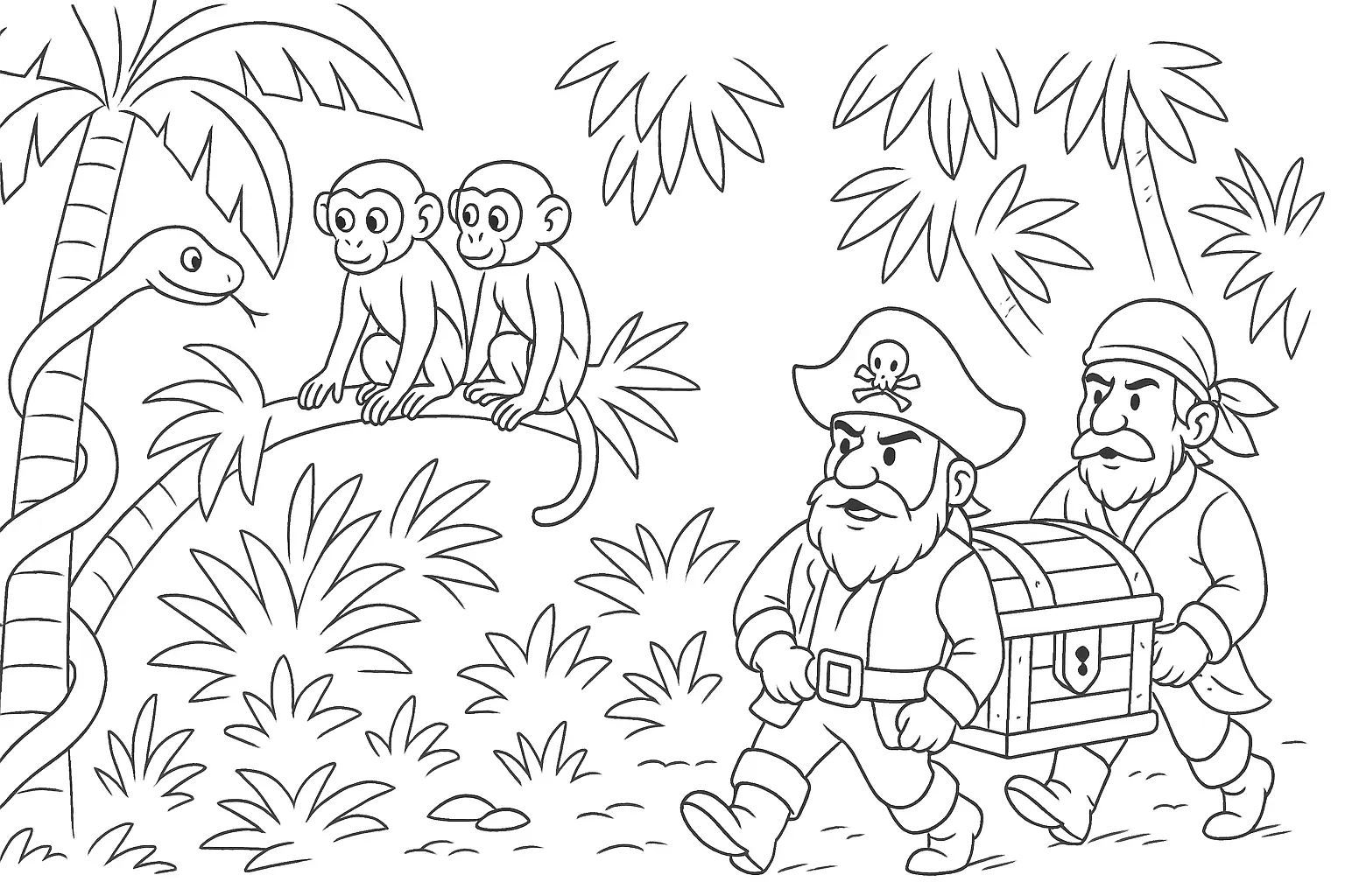 Piraten mit Schatztruhe im Dschungel – Ausmalbild ausdrucken