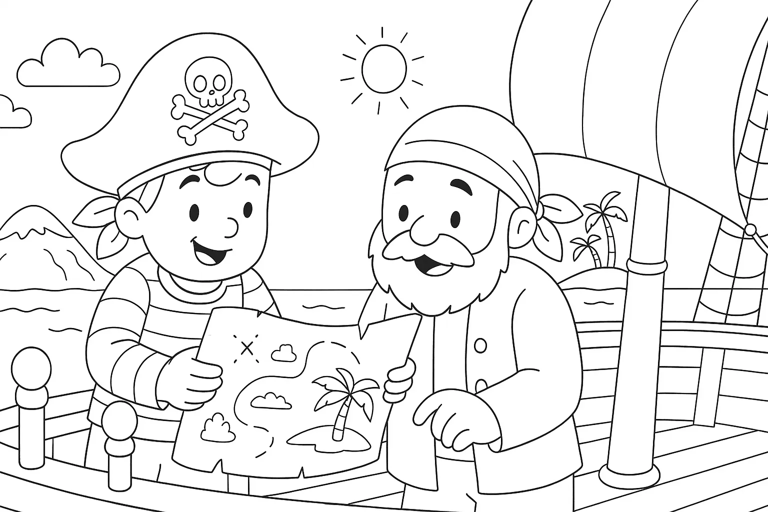 Piraten mit Schatzkarte Ausmalbild kostenlos herunterladen