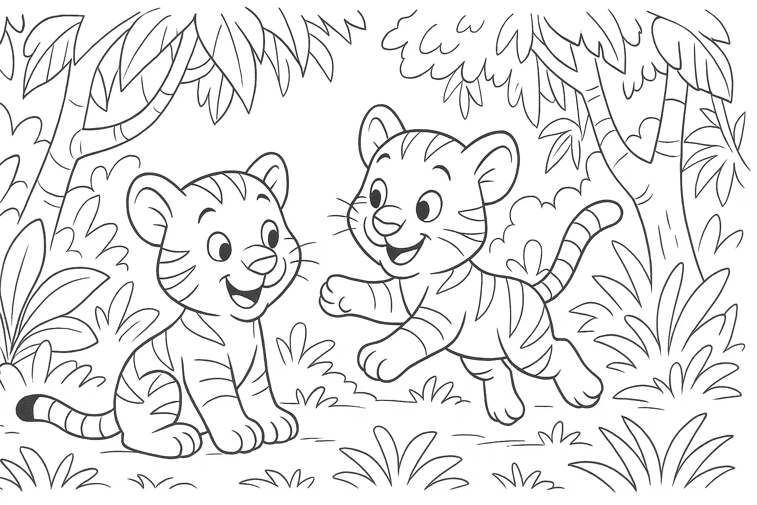 Spielende Tigerbabys – fröhliches Ausmalbild im Dschungel