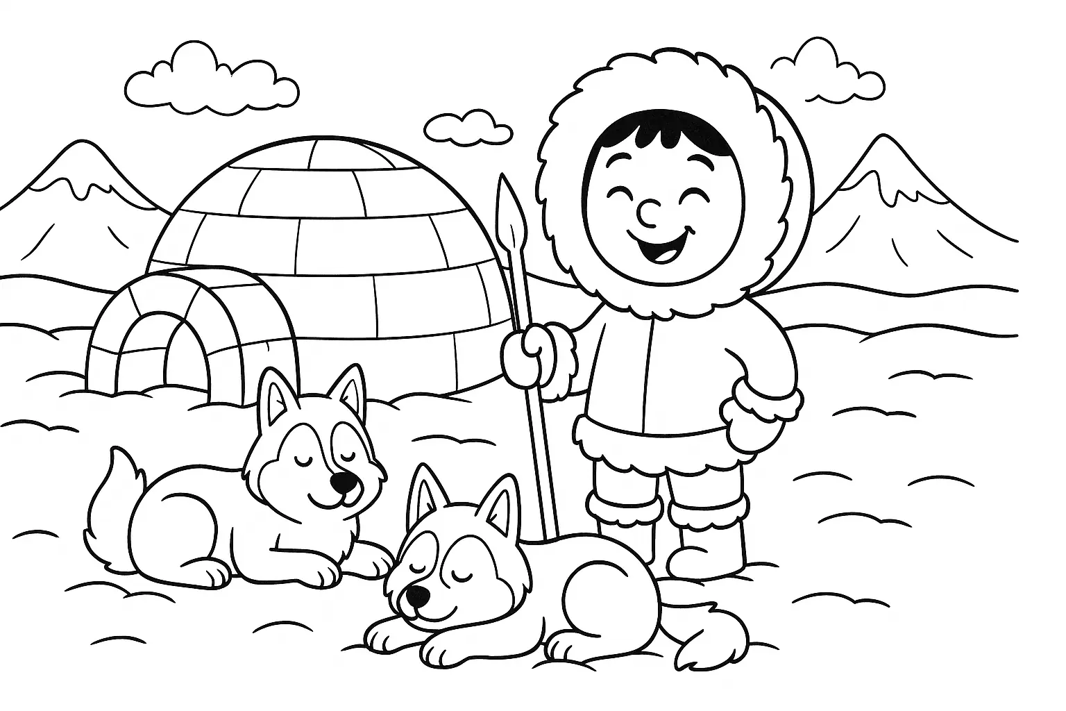 Polarspaß – Ausmalbild mit Iglu, Kind und Hunden