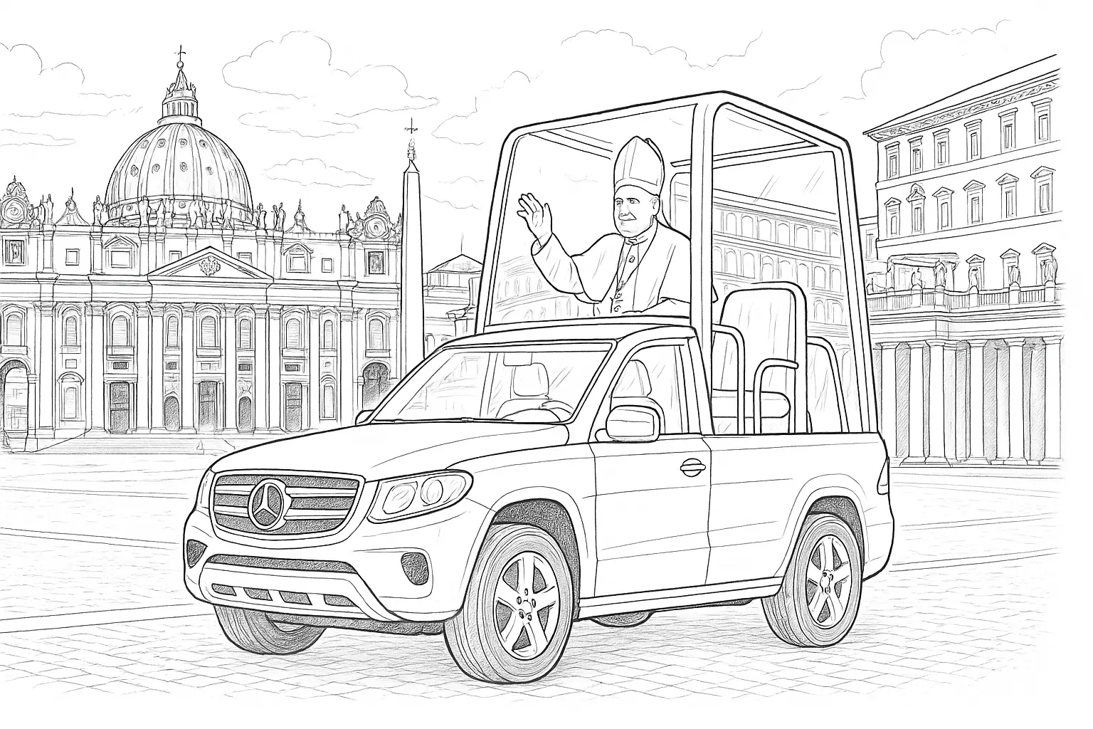 Papst im Papamobil – religiöse Malvorlage für Kinder