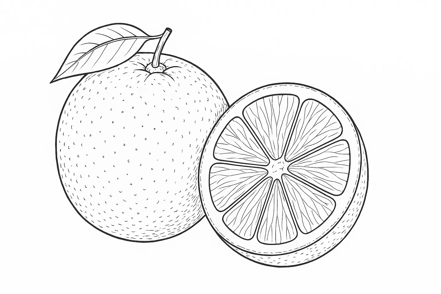 Zitrusfrucht pur – Ausmalbild mit Orange und Segmenten