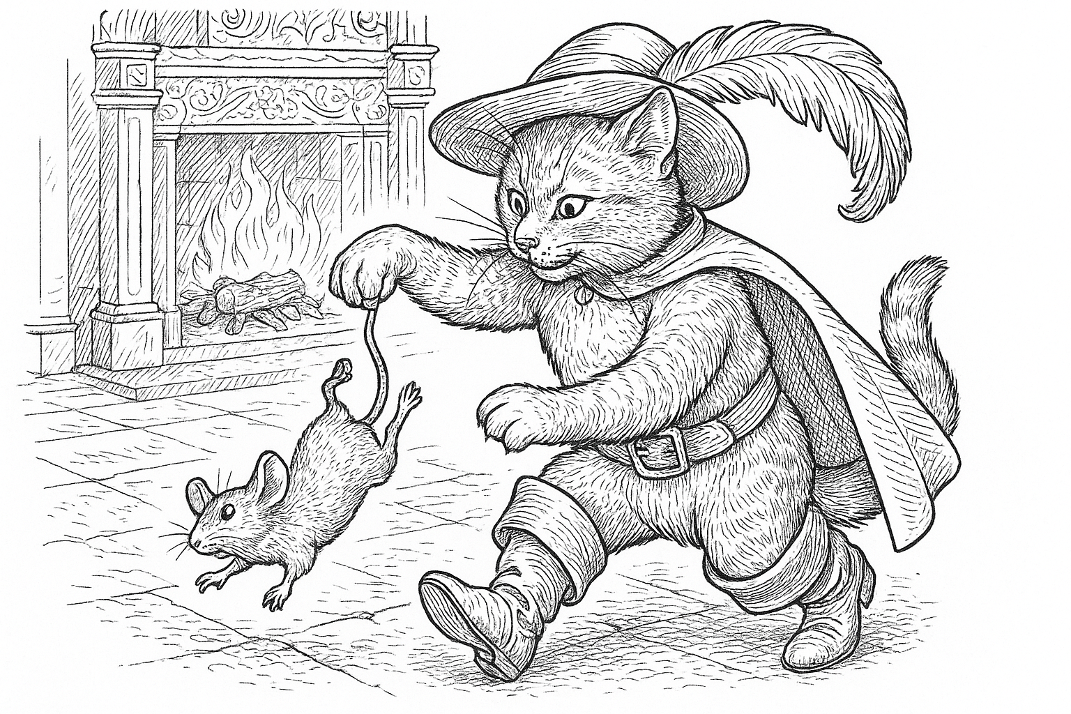 Puss in Boots With Mouse – Free Coloring Page