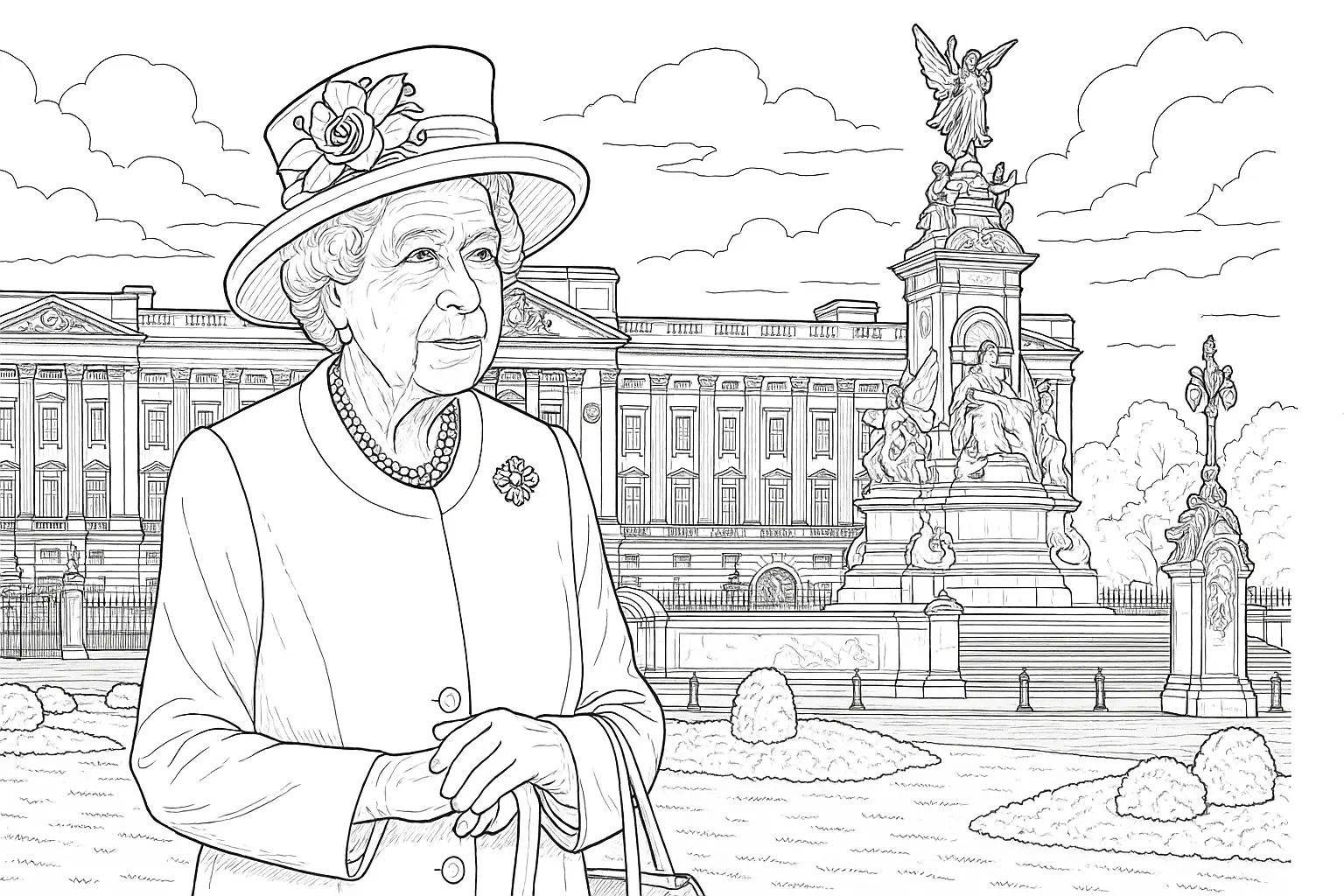 Queen Elizabeth vor dem Palast – Ausmalbild für Erwachsene