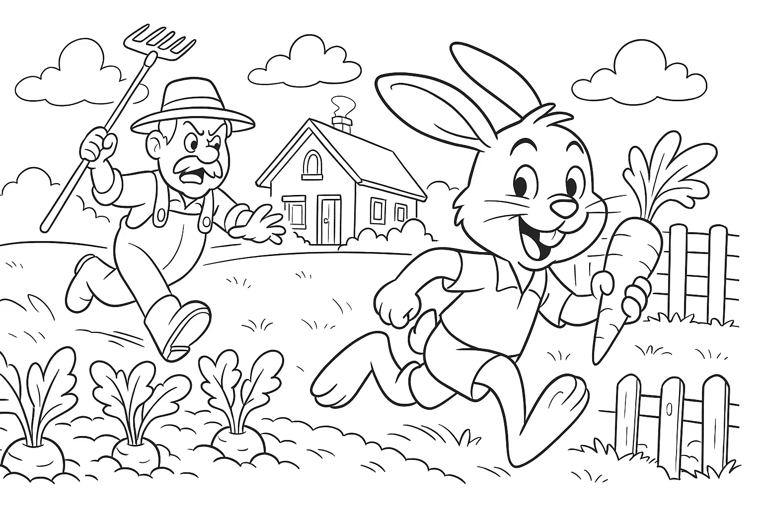 Hasenjagd im Garten – actionreiche Ausmalvorlage gratis