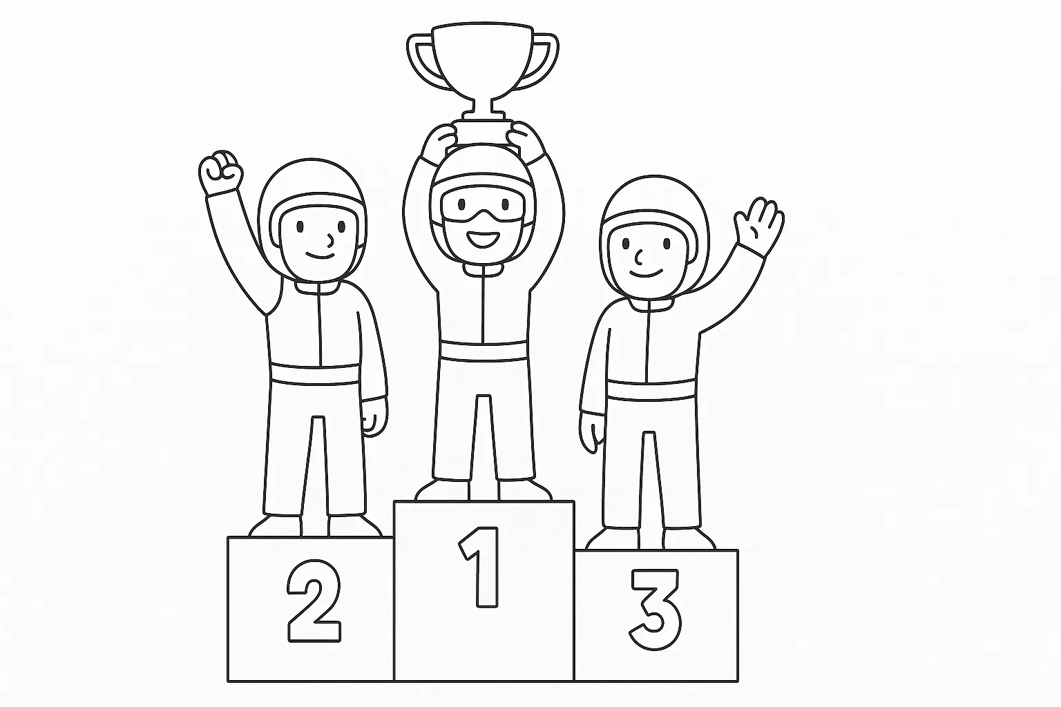 Rennfahrer mit Pokal auf dem Siegerpodest