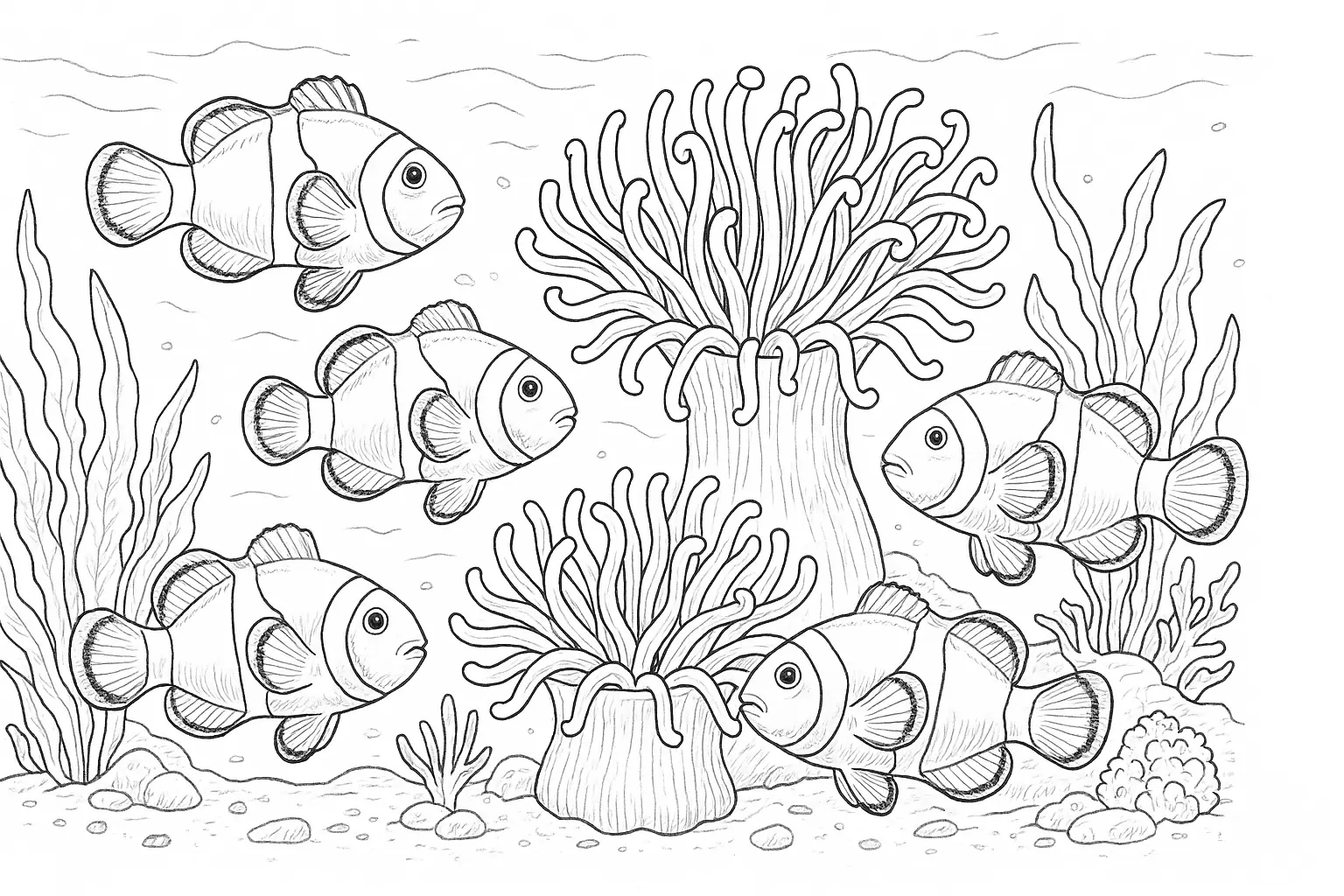 Naturgetreues Ausmalbild: Clownfische mit Riff und Pflanzen