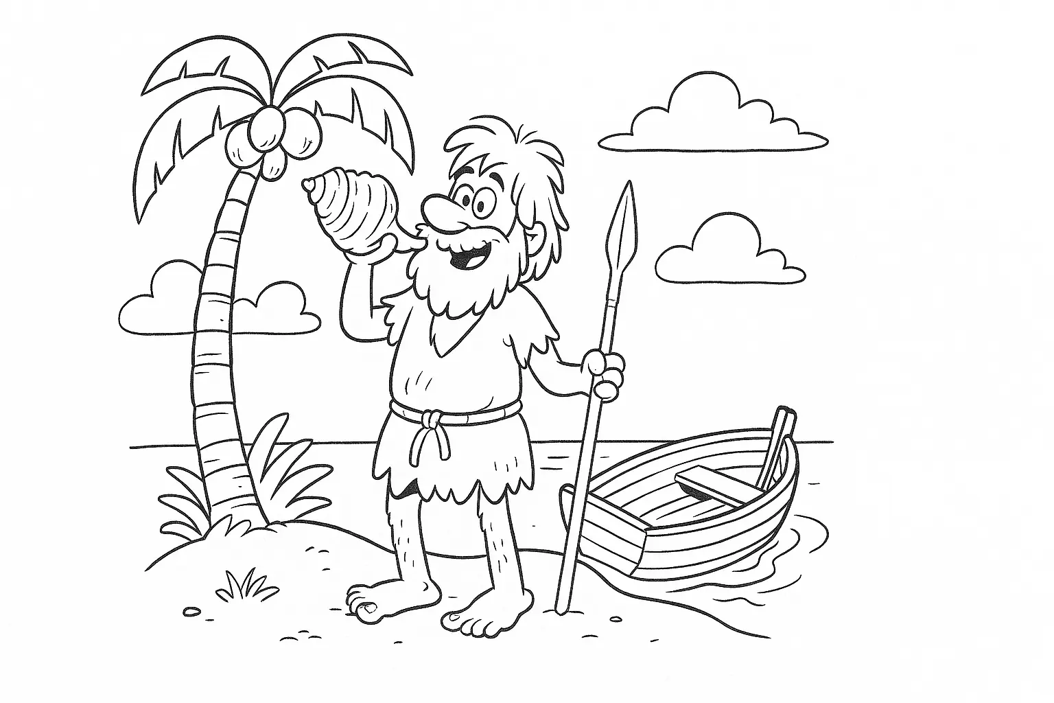 Robinson-Ausmalbild: Mann, Boot und Palme auf der Insel