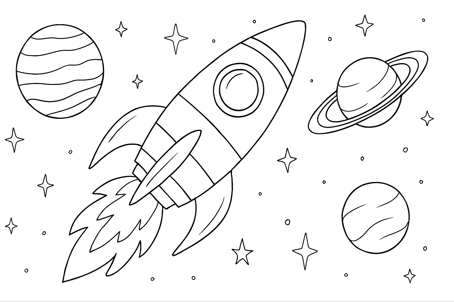 Rakete im All mit Planeten und Sternen