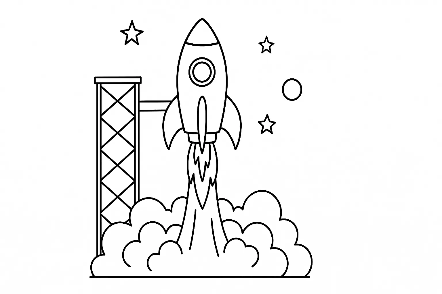 Raketenstart Ausmalbild – Kostenlose Malvorlage für Kinder