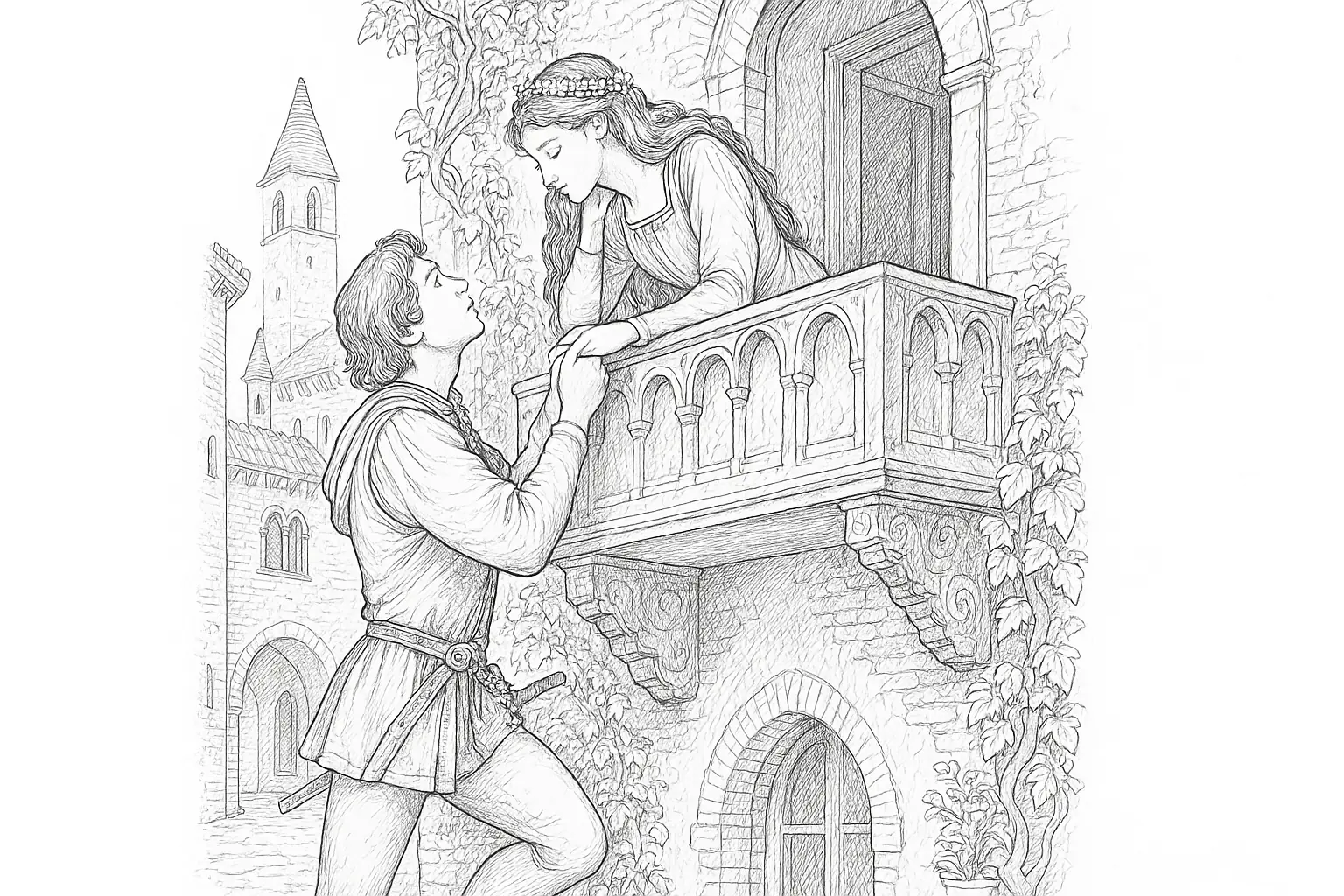 Romeo und Julia am Balkon – Ausmalbild der berühmten Szene