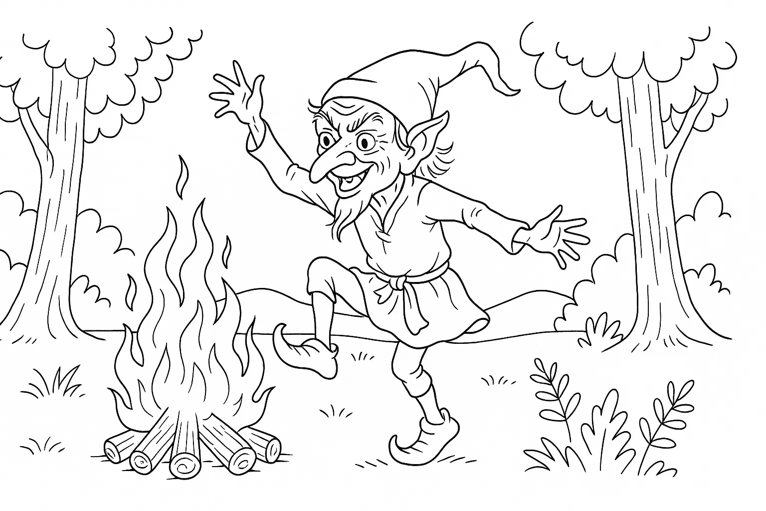 Rumpelstilzchen am Lagerfeuer Ausmalbild für Kinder