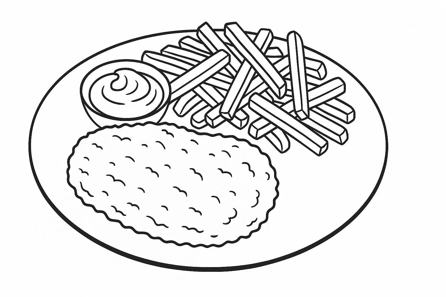 Schnitzel mit Pommes frites und Ketchup: Ausmalbild gratis