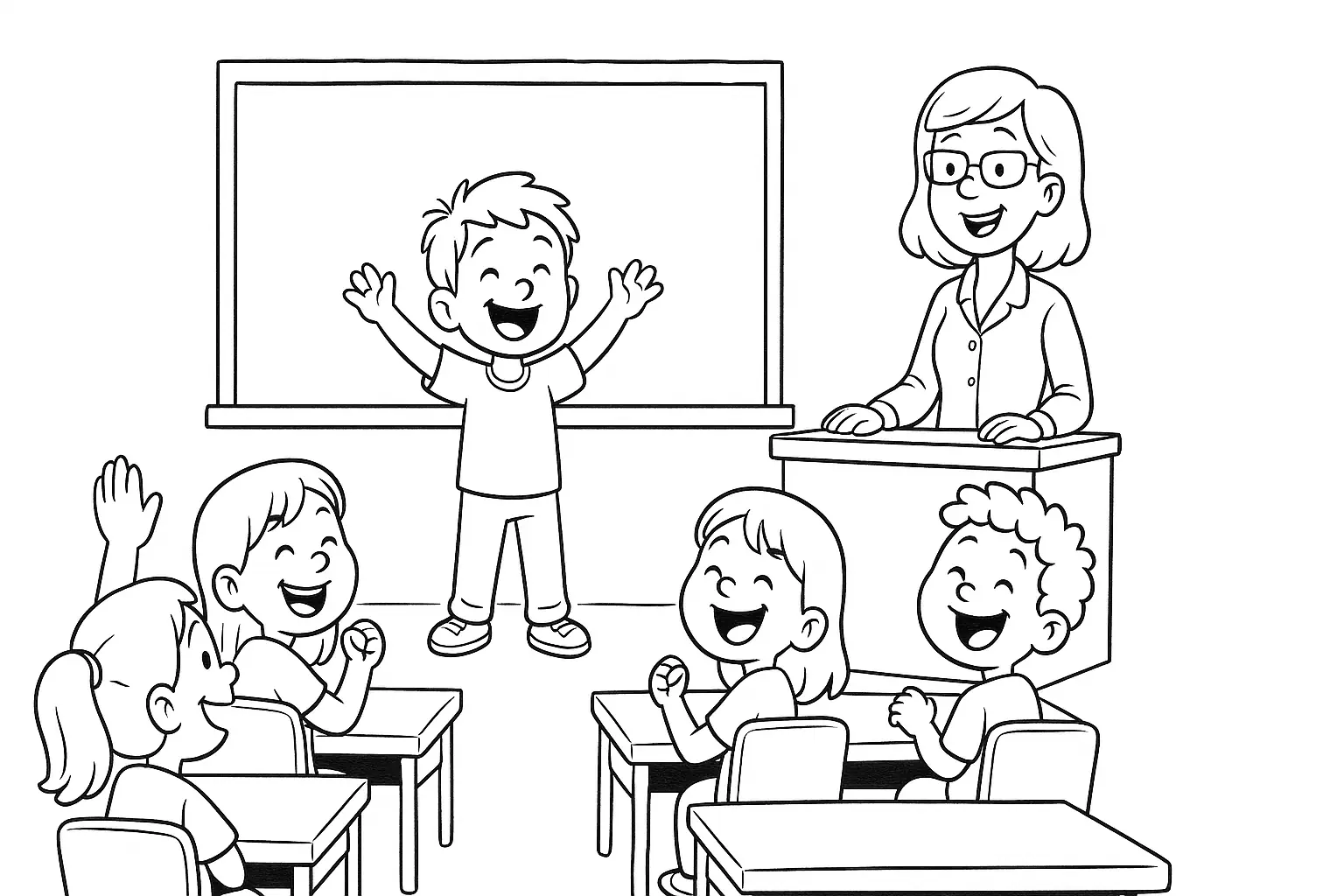 Schulklasse Ausmalbild – Kinder lachen im Klassenzimmer