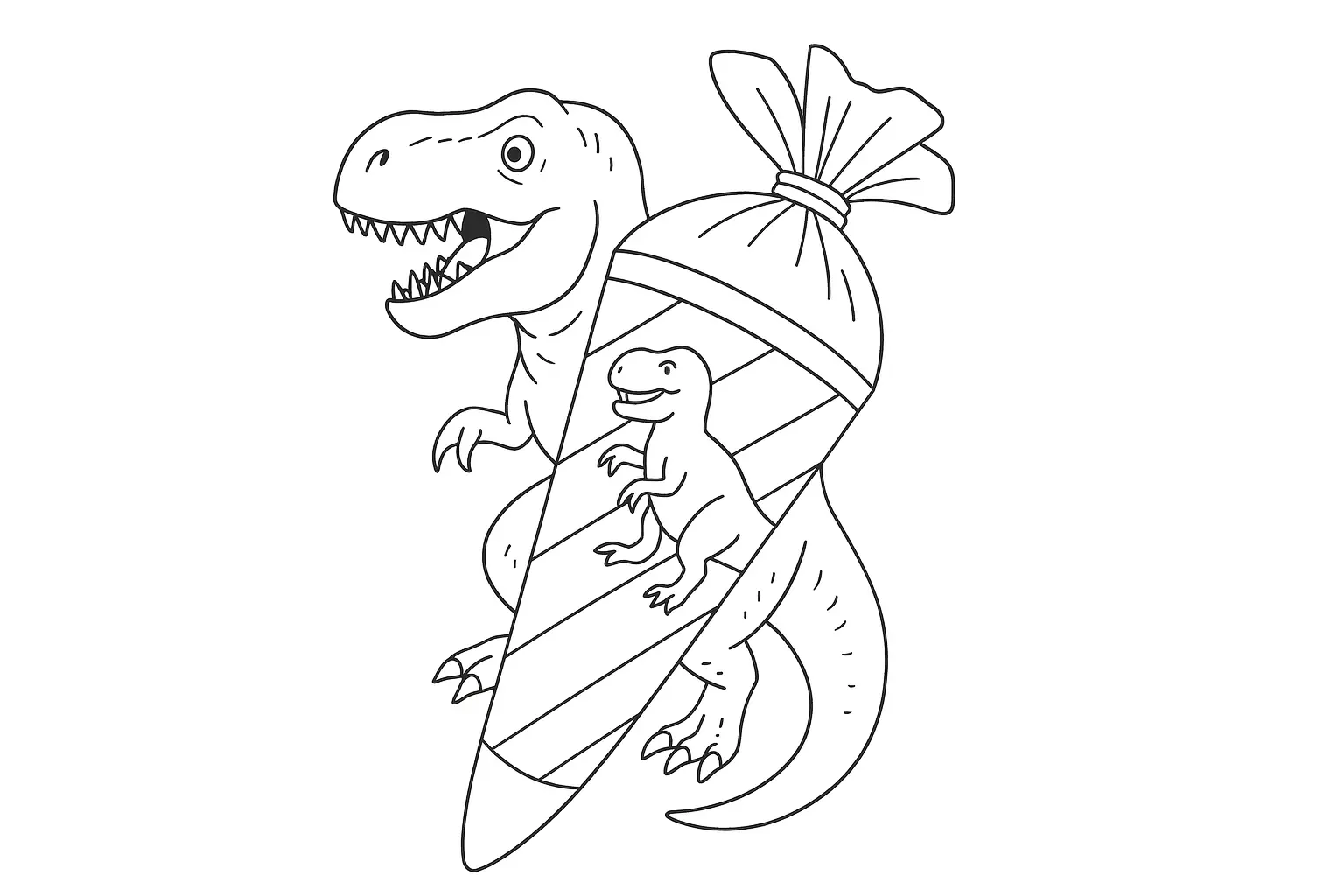 Einschulung Malvorlage – Dino mit großer Schultüte malen