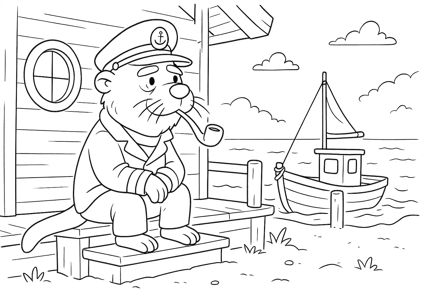Seelöwe als Kapitän – ruhiges Ausmalbild mit Boot und Meer