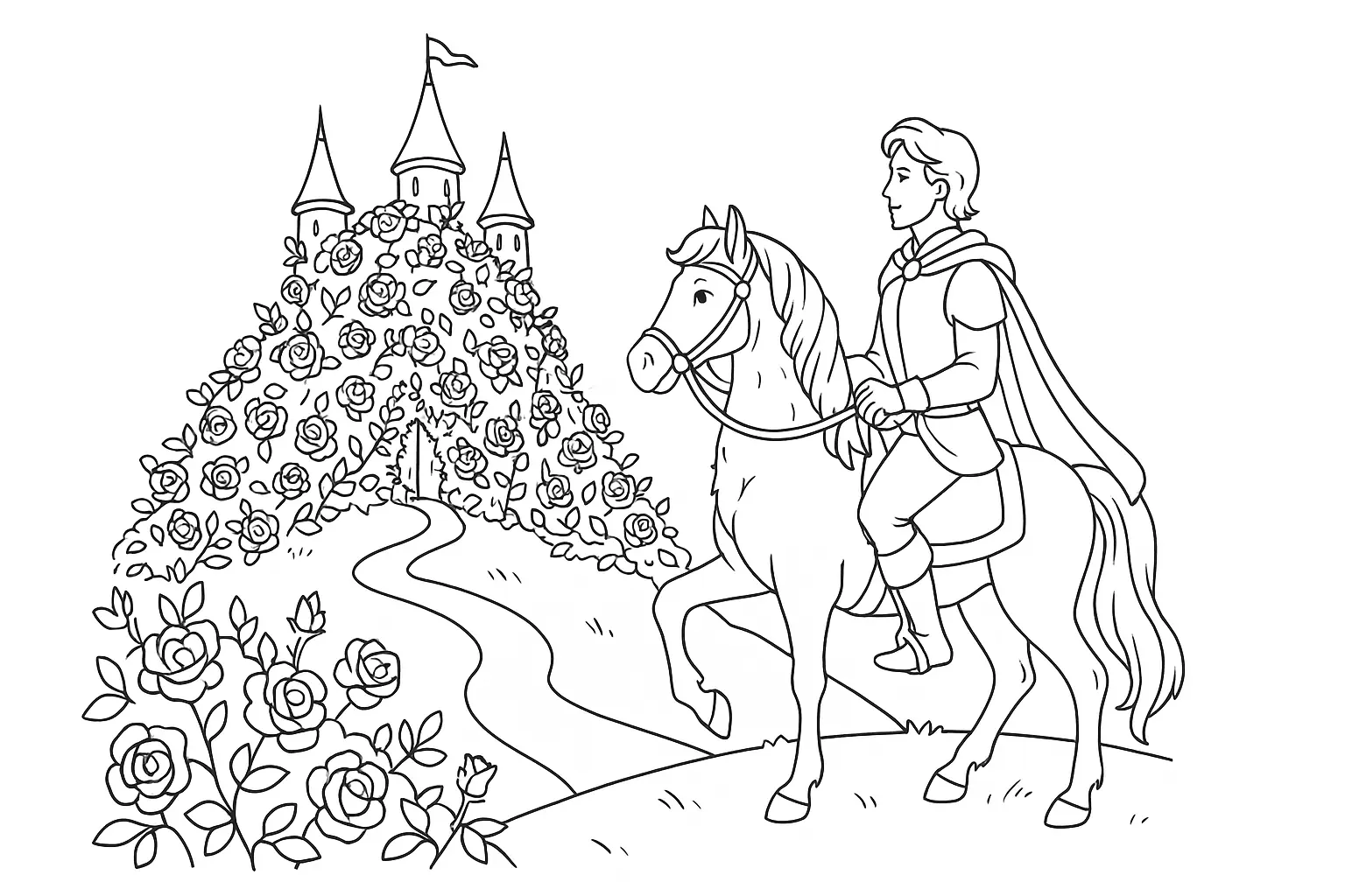 Dornröschen Malvorlage: Prinz auf dem Weg zum Schloss