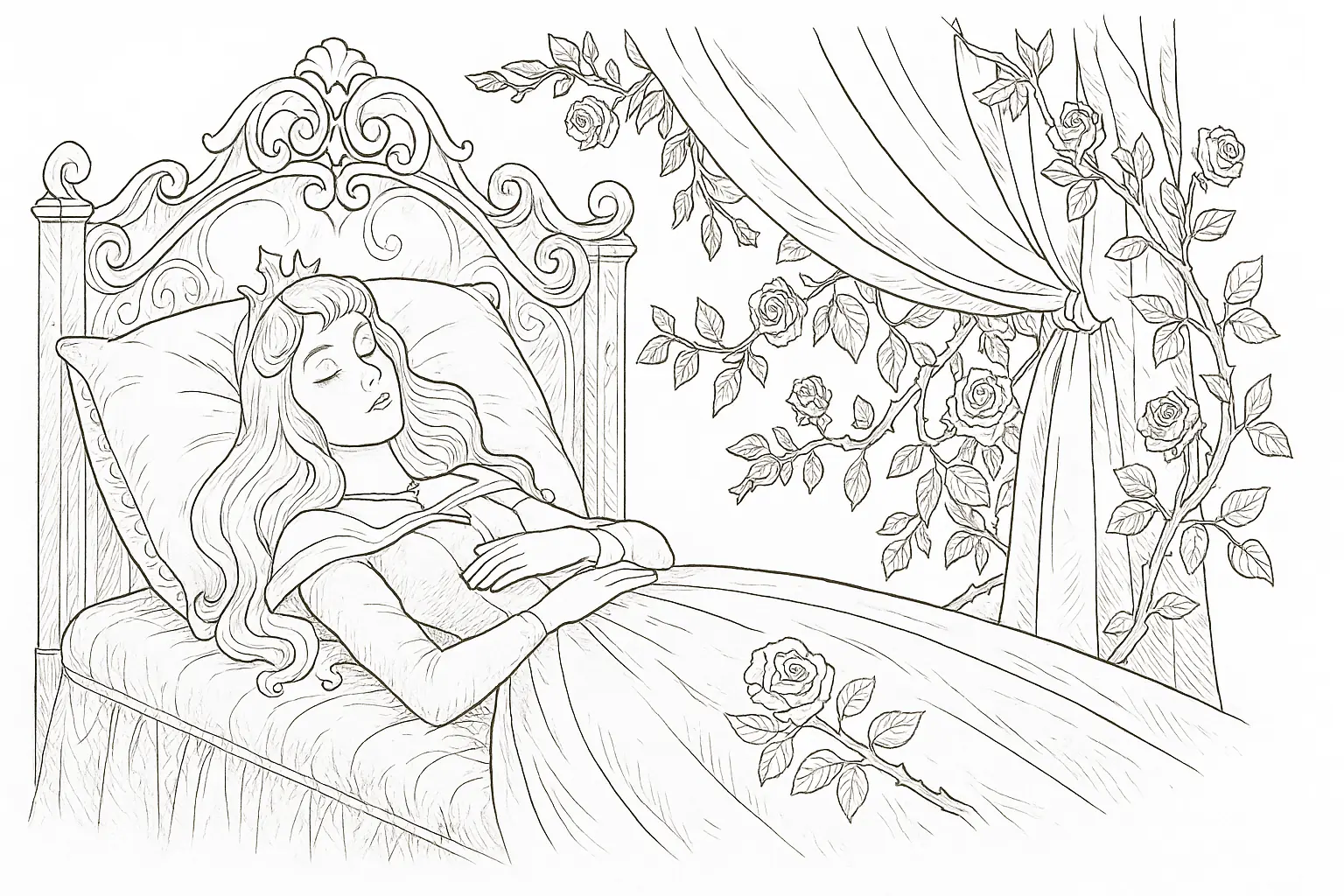 Dornröschen im königlichen Bett – Ausmalbild kostenlos
