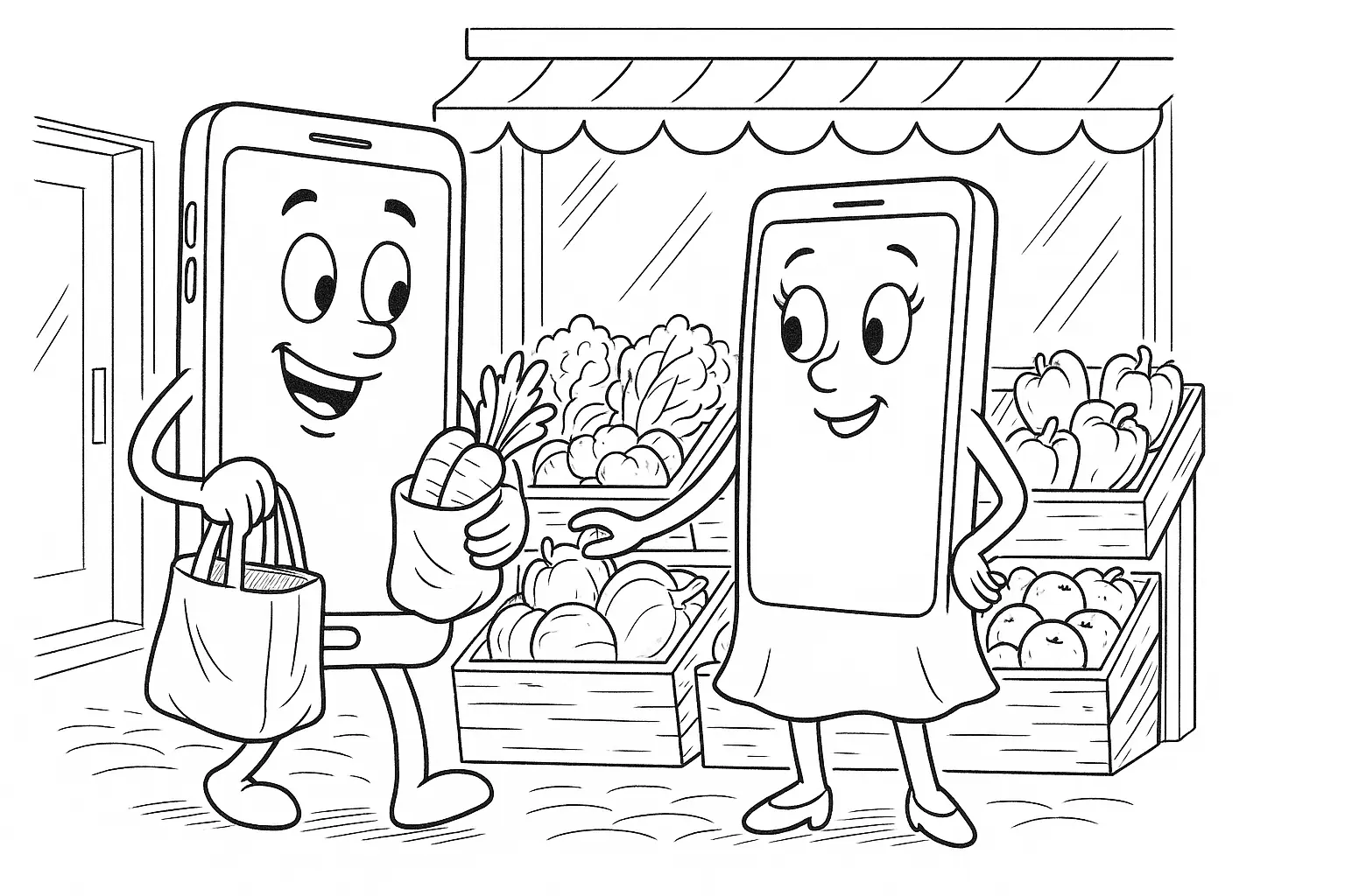 Smartphones beim Einkaufen – Ausmalbild mit Marktstand