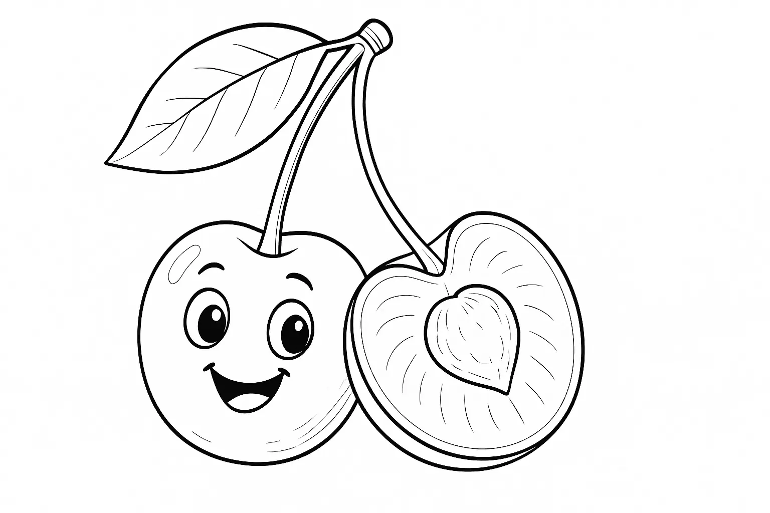 Lachende Kirsche – Obst-Ausmalbild mit Kern zum Drucken