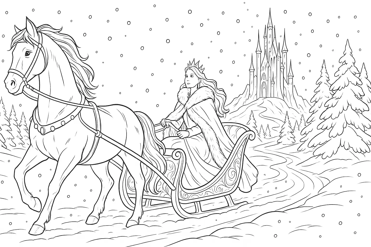 Reine des neiges en traîneau tiré par un cheval – coloriage